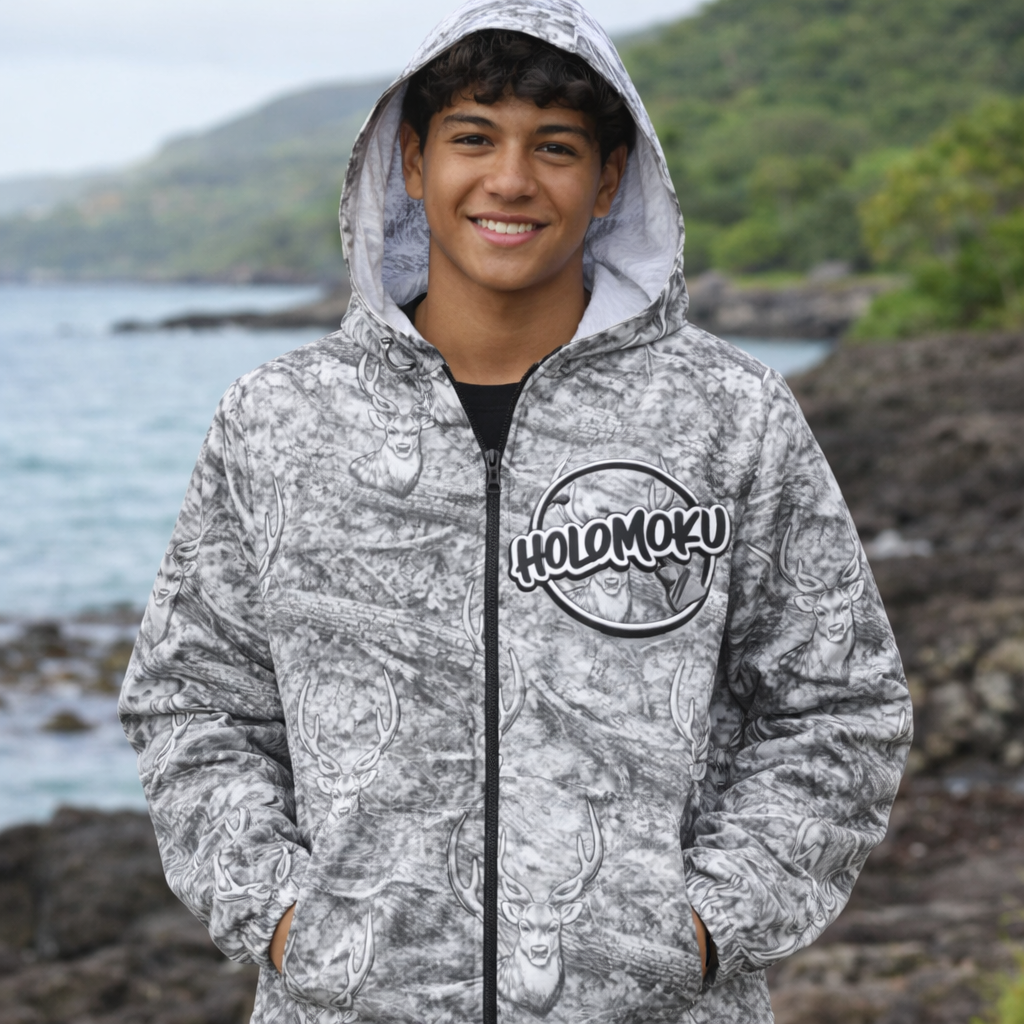 Grey Camo with Deer silhouette Windbreaker Jacket — Lightweight Hoodie