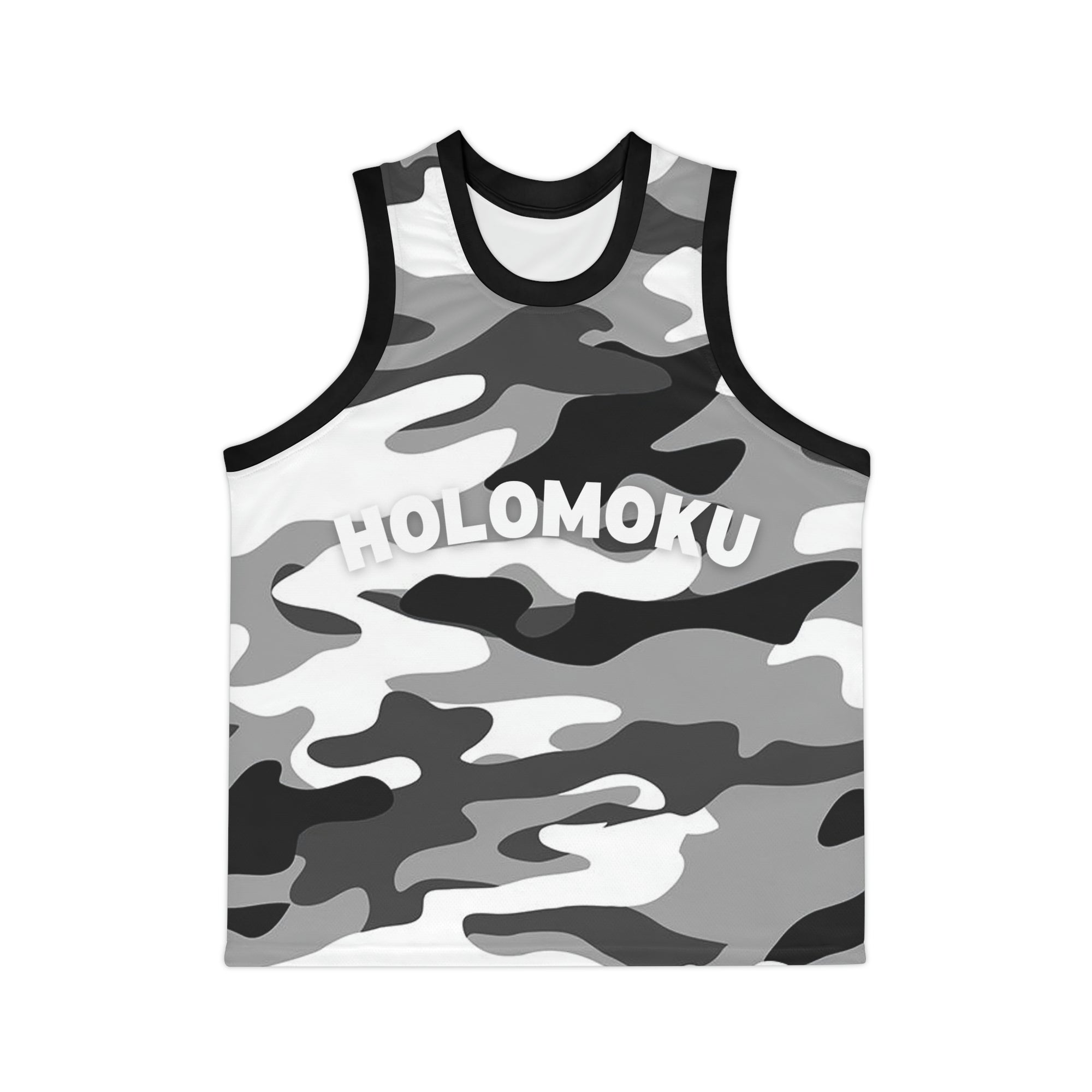 Black and white basketball tank with Holomoku on front